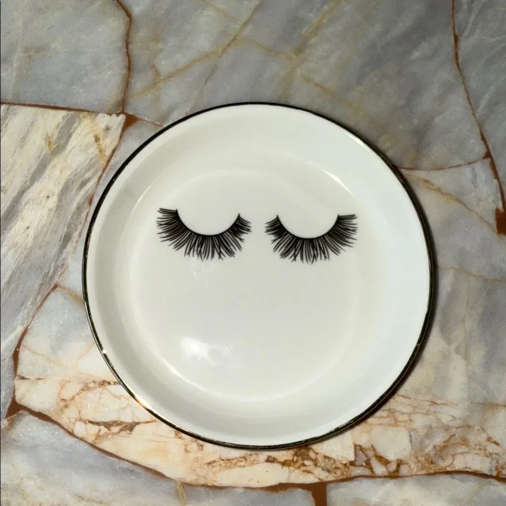 White Ceramic Eyelash Trinket Dish Gold Rim Jewelry Tray Round 4 Inch